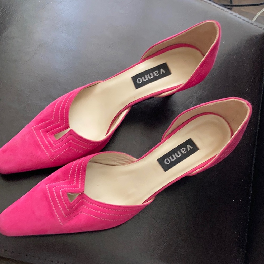 Pink suede kitten heels